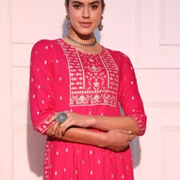 KALINI Ethnic Motifs Printed Round Neck A-line Kurta image 2