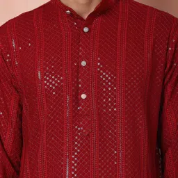 Jompers Men Checked Flared Sleeves Thread Work Kurta image 2