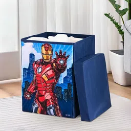 Kuber Industries Navy Blue Marvel Ironman Printed Laundry Basket With Lid - 60 L-21