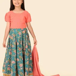 Fabindia Girls Floral Printed Sequinned Cotton Ready to Wear Lehenga & Blouse With Dupatta-picture-25
