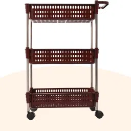 kuber industries Multipurpose 3-Shelf Storage Revolving Trolley Rack with Wheels|Brown Plastic Kitchen Trolley image 5
