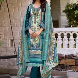 MOJILAA Women Floral Printed Regular Mirror Work Kurta with Trousers & With Dupatta-10