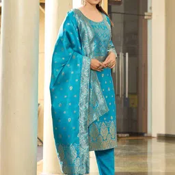 Siya Fashion Floral Woven Design Round Neck Zari Straight Kurta With Trousers And Dupatta-picture-14