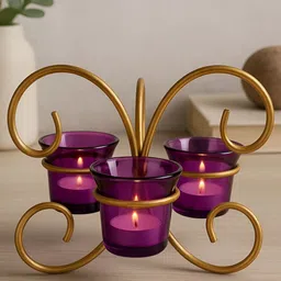 GLOBALLY INDIAN Purple & Gold Toned Metal Candle Holder-45