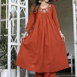 Rujave Floral Embroidered Regular Thread Work A-Line Kurta With Trousers & Dupatta-picture-1