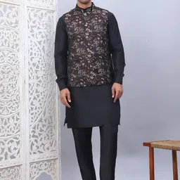 Jompers Mandarin Collar Brocade Weave Silk Cotton Kurta with Pyjama & Nehru Jacket-51