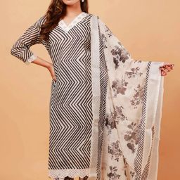 NEED APPARELS Women Printed Regular Linen Kurta Set With Dupatta image 5