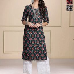 HERE&NOW Selection Of 3 Floral Printed Round Neck Straight Kurtas-image-36