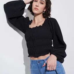 SF JEANS by Pantaloons Women Solid Puff Sleeve Blouson Crop Top-picture-26