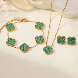 DressBerry Stainless Steel Gold Plated Stones Studded Anti Tarnish Clover Jewellery Set-52