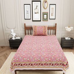 Urban Jaipur Pink & Yellow Floral 210 TC Single Bedsheet with 1 Pillow Covers-image-85