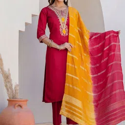 SANISA Floral Yoke Design Round Neck Sequinned Straight Kurta With Trousers & Dupatta-picture-14