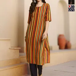 HERE&NOW Selection Of 3 Striped Round Neck Straight Kurtas-image-85