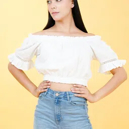 COSMIC TRIO Off-Shoulder Puff Sleeve Cotton Crop Top-image-22
