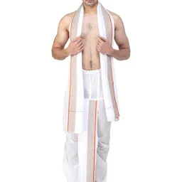 Exotic India Pure Cotton Ready to Wear Dhoti and Angavastram Set with Temple Border-picture-49
