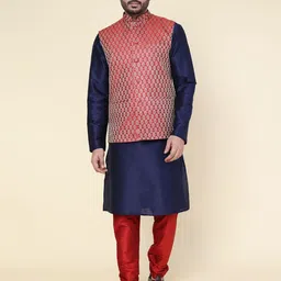 W & G Mandarin Collar Straight Kurta with Churidar & Nehru Jacket-image-88