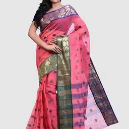 Crochetin Printed Woven Design Zari Pure Cotton Taant Saree-14