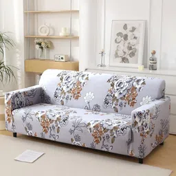 HOKIPO Grey & White Printed Polyester 1 Piece Sofa Cover With Arms-image-91