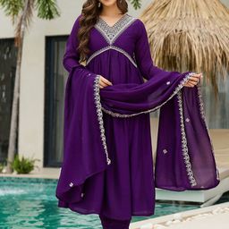 Navlik Women Solid Embroidered A-Line Kurta with Trousers & Dupatta-image-60