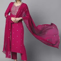 Anushansa Floral Embroidered Cotton Silk Straight Kurta With Trousers & Dupatta-picture-31