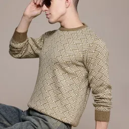Men Self Design Round Neck Beige Sweater-picture-23