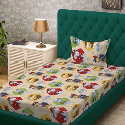 KLOTTHE Beige & Green Cartoon Printed Pure Cotton 400 TC Single Bedsheet Set 2.25m x 1.50m-image-42