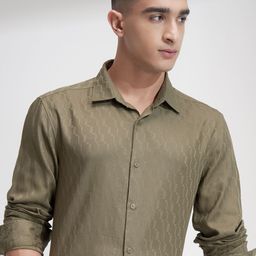 HIGHLANDER Men Comfort Relaxed Fit Textured Spread Collar Cotton Casual Shirt-image-38