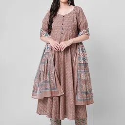 HERE&NOW Floral Printed Round Neck Pure Cotton Anarkali Kurta With Trousers & Dupatta-image-26