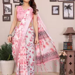 Shriyangan Floral Printed Zari Pure Linen Block Print Saree-24