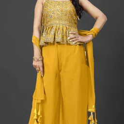 SANCIA Shoulder Straps Embroidered Georgette Ethnic Tunic With Palazzos & Dupatta-picture-2