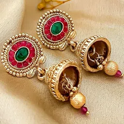 Zeviel Gold-Plated Artificial Stones Studded And Beaded Dome Shaped Jhumkas-picture-1
