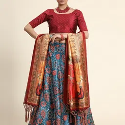 Kaizen TEXO FAB Teal & Maroon Printed Block Print Semi-Stitched Lehenga & Blouse With Dupatta image 2