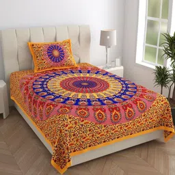 MANDAKINI Yellow & Blue Ethnic Motifs Cotton 144 TC Single Bedsheet Set-1.82 m x 1.21 m-image-53
