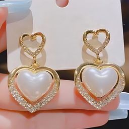 Celestique Rhinestones Studded And Pearls Beaded Heart Shaped Drop Earrings-15