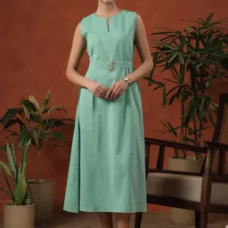anayna Women Self Design Cotton Sleeveless Cotton Fit & Flare Midi Dress With Belt-31