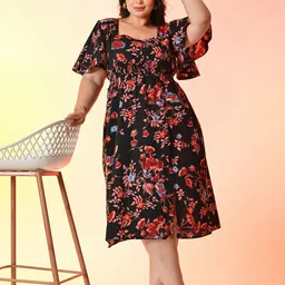PrettyPlus by Desinoor.com Plus Size Black Floral Smocked Dress-image-50