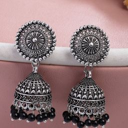 Anouk German Silver Plated Artificial Beaded Oxidised Dome Shaped Jhumkas-5