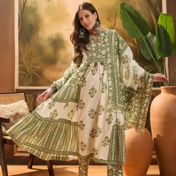 Sangria Women's Pista Green Block Printed Cotton Anarkali Kurta Pant Dupatta Set-picture-16