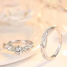 kazare Unisex Set Of 2 Rhodium Plated Stones Studded Adjustable Finger Rings-8