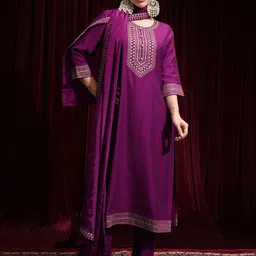 Vishudh Floral Embroidered Sequinned Round Neck Straight Kurta with Palazzos & Dupatta-18