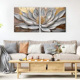 OLIVE TREE Brown & Grey 2 Pieces Floral Wooden & Canvas Wall Arts-16