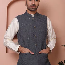Anouk Grey Woven Design Mandarin Collar Straight Kurta with Pyjamas & Nehru Jacket image 2