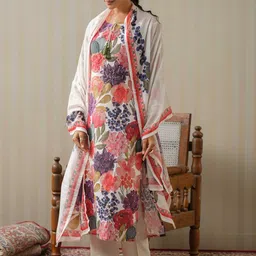 Sangria Printed & Embroidered A-Line Linen Kurta With Trouser & Dupatta image 5