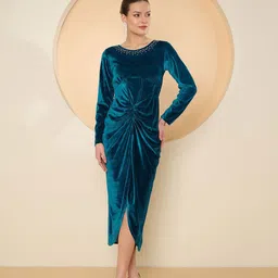 Antheaa Embellished Velvet Sheath Midi Dress-image-18