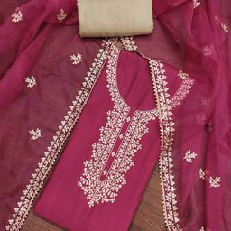 SHADOW & SAINING Floral Embroidered Roman Cotton Silk Semi-Stitched Dress Material-image-17