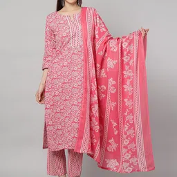 ETRAANA Floral Printed Notch Neck Mirror Work Straight Kurta With Trousers & Dupatta-picture-25