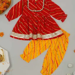 LITTLE GINNIE Girls Leheriya Printed Layered Gotta Patti Kurti with Salwar-28