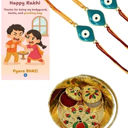 Anouk Set Of 3 Evil Eye Rakhi With Quirky Card, Roli & Thali image 2