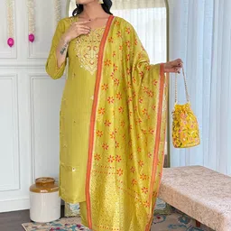 KALINI Women Ethnic Motifs Chanderi Cotton Kurta with Trousers & Dupatta Kurta Sets-picture-4
