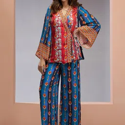 Fusionic Printed Silk Kimono Style Top & Trouser Co-Ord Set-image-11